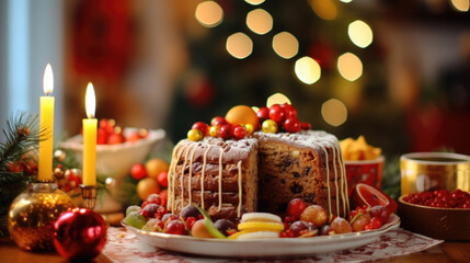 Closeup of a colorful fruitcake, a dense cake filled with nuts, fruits, and es, which originated in ancient Rome and is now enjoyed by many cultures during Christmas. - obrazy, fototapety, plakaty
