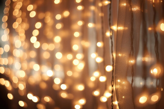 A peek at a string of lights behind a curtain, the bulbs appearing diffused and creating a magical effect.