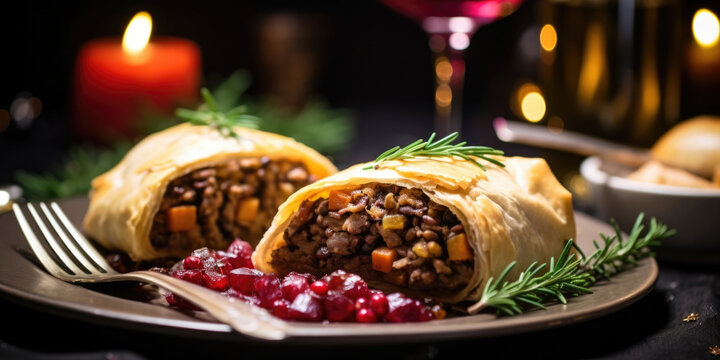 Closeup of a savory and hearty wild mushroom and lentil Wellington, wrapped in flaky pastry and served with a side of tangy cranberry sauce. This vegan twist on a classic holiday dish is