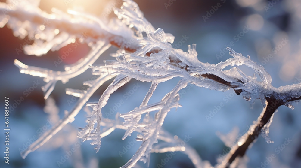 Poster a tree branch covered in frost, with each tiny ice crystal creating a sparkling layer over the bark 