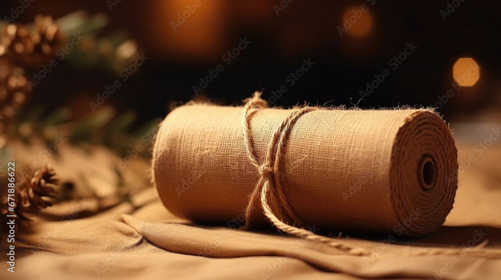 Poster closeup of a bundle of twine wrapped around a roll of natural brown craft paper, creating a rustic a