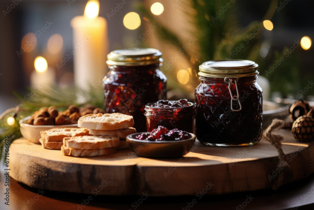 Poster a cozy table setting with a rustic wooden tray adorned with various jars of homemade jams and spread