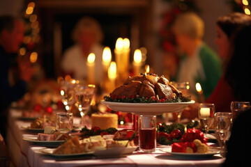Fototapeta na wymiar The shadowy outline of a grand Christmas feast, with a lavish table set with fine china and flickering candles. The shadows of a large family can be seen gathered around the table, laughing