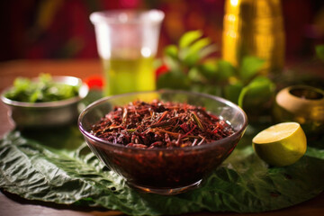 A platter of Jamaican sorrel, a ed beverage made with dried hibiscus flowers, ginger, and rum. This vibrant and flavorful drink is a holiday staple in Jamaican culture, often served alongside - obrazy, fototapety, plakaty
