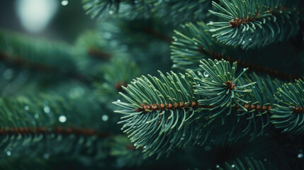 A closeup of a pine bough, with each individual needle perfectly aligned and overlapping, creating a smooth and velvety surface.