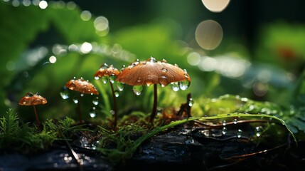 A group of tiny mushrooms in the grass with dewdrops. Generative AI. 