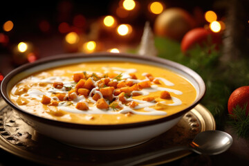 Piping hot bowls of y ernut squash and coconut curry soup, garnished with roasted chickpeas and a swirl of creamy coconut milk. This warming dish is perfect for chilly winter nights and - obrazy, fototapety, plakaty