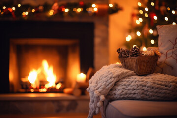 A serene scene of a lit fireplace adorned with stockings and a peaceful meditation cushion, setting the mood for relaxation and joy during the holiday season.