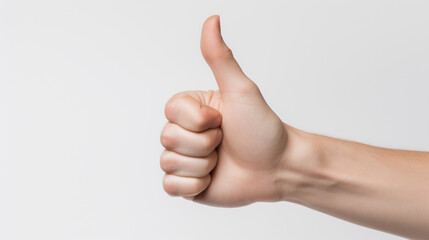 Young white male gives a confident thumbs-up in a plain white room, conveying approval and positivity