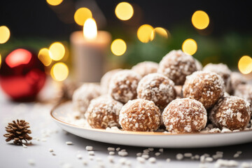 Fototapeta na wymiar A closeup of a plate full of traditional Christmas cookies, but a them are also healthy energy balls, showing the importance of selfcare and balance during this indulgent time of year.
