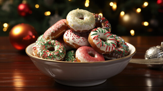 A bowl filled with mini donuts topped with a variety of festive glazes and sprinkles, perfect for snacking on while decorating the Christmas tree.