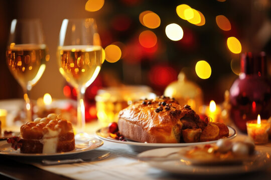 A blurred image of a Christmas feast, with the focus on the abstract shapes and colors of the food and decorations.