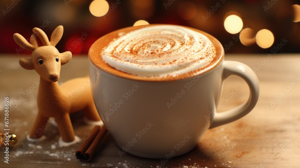 Poster closeup of a frothy latte with a festive touch, decorated with a e reindeer shaped foam art on the s