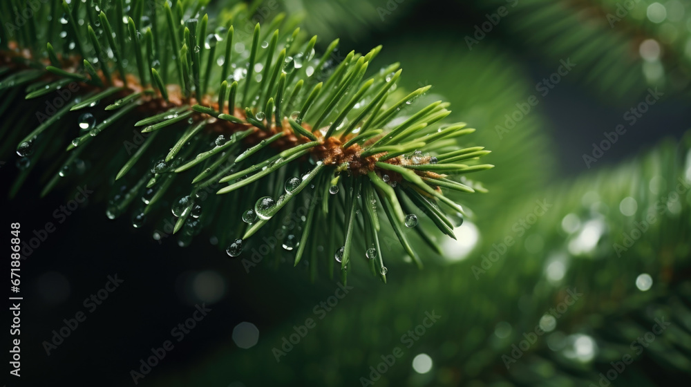 Poster a macro view of a fir needle, with its shiny and waxy coating reflecting lights and adding a touch o