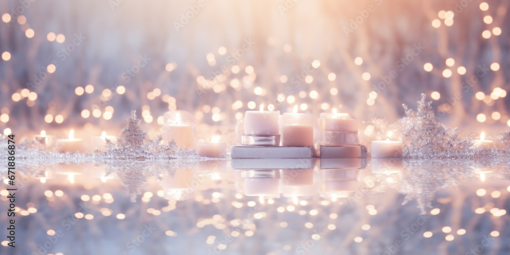 Poster soft pastel bokeh lights reflecting on a mirrored surface, creating an ethereal and dreamy holiday s