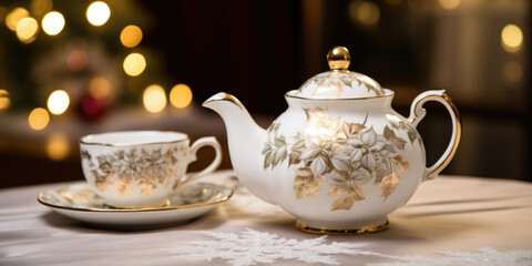 Obraz na płótnie Canvas A delicate porcelain tea set, adorned with elegant floral motifs and intricate gold trim, taking us back to the refined and lavish gifting traditions of the Victorian era.