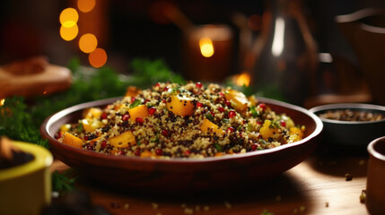 Closeup of a colorful and flavorful quinoa salad, featuring leftover roasted vegetables and a tangy lemon vinaigrette. - obrazy, fototapety, plakaty