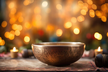 Closeup of a Tibetan singing bowl set against a backdrop of ling holiday lights, reminding one to find moments of serenity during the busy holiday season.