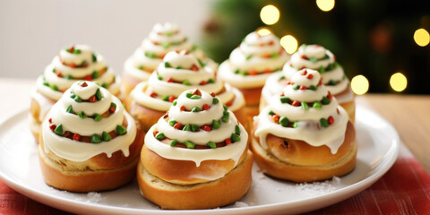 Obraz na płótnie Canvas A batch of freshly baked cinnamon rolls, shaped into the form of a Christmas tree and topped with cream cheese frosting and festive sprinkles.