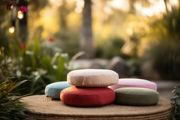 A set of meditation cushions arranged in a serene outdoor setting, surrounded by lush greenery and peaceful nature sounds.