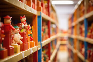 Rows of shelves stacked high with finished toys, waiting to be packaged and sent off to eager children all over the world. - obrazy, fototapety, plakaty