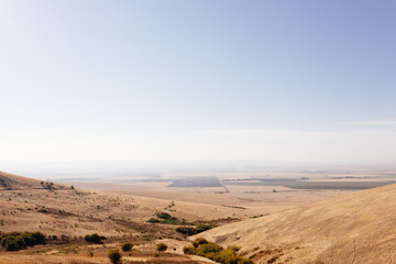 Beautiful autumn landscape with meadows and a road from a bird's eye view. Nature in Oregon in fall. Panorama. Pendleton, Oregon, USA