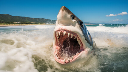 shark attack at the beach. A shark attack at the beach: a menacing shark with jaws wide open, hunting in the ocean at the beach or coastline