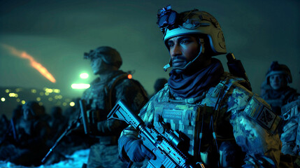group of soldiers, war and night mission, armed, city lights, anti terror unit or special forces, - obrazy, fototapety, plakaty