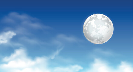 moon in white clouds sky background. Vector illustration.
