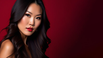 Fototapeta premium Studio portrait photo of a young beautiful Asian woman on red background, fashion concept, makeup and perfect skin, hair care, image generated by AI