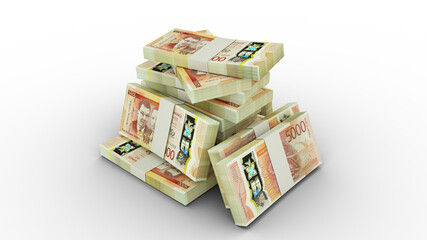 Obraz na płótnie Canvas 3d rendering of Stacks of 5000 Jamaican dollar notes. bundles of Jamaican currency notes isolated on transparent background