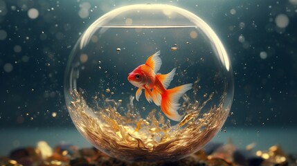 Beautiful gold fish bowl glass round aquarium photography image AI generated art