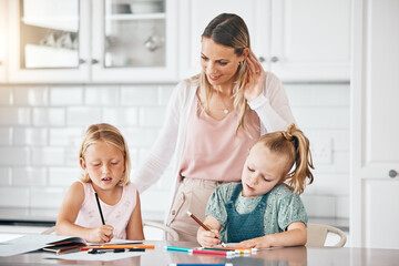 Homework, education and learning during homeschool lesson with their mother on the kitchen counter....