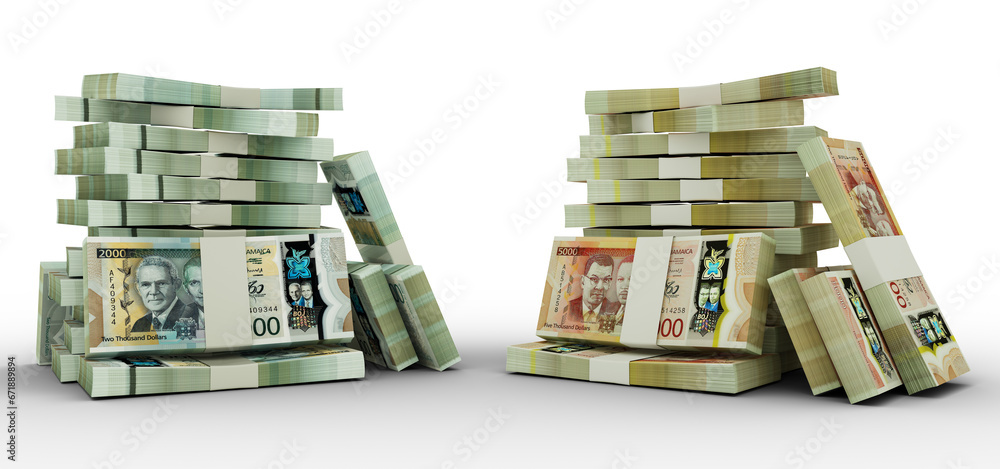 Poster 3d rendering of stacks of 2000 and 5000 jamaican dollar notes. bundles of jamaican currency notes is