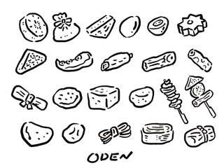 線画、おでん、大根、冬、餅巾着、厚揚げ、煮卵、卵、ちくわぶ、ちくわ、こんにゃく、たこ、ごぼう巻き、さつま揚げ、昆布、豆腐、焼豆腐、つみれ、牛すじ、串、おでん串、はんぺん、じゃがいも、煮物、だし、白滝、だし巻き卵、卵焼き、ロールキャベツ、具材、イラスト、食べ物、料理、ベクター、セット、食品、食事、手描き、ご飯、アイコン、フード、食材、食物、日本、和食、屋台、居酒屋、メニュー、コンビニ、おかず