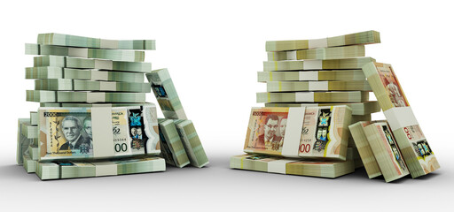 3d rendering of Stacks of 2000 and 5000 Jamaican dollar notes. bundles of Jamaican currency notes isolated on transparent background - obrazy, fototapety, plakaty