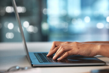 Laptop, night hands and woman typing finance portfolio feedback, stock market database or cloud...