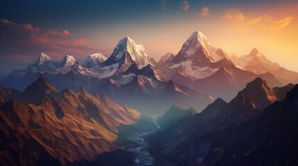 Beautiful himalaya mountain landscape sunrise sky background photography image AI generated art - obrazy, fototapety, plakaty
