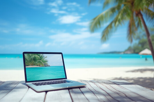 Laptop computer on a wooden table in the shade of a palm tree. A photo of a white sandy beach and an emerald green tropical beach taken with a smartphone. Concept for holidays and vacation.