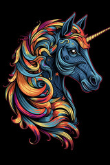 Beautiful horse hand drawn unicorn isolated illustration black background picture AI generated art