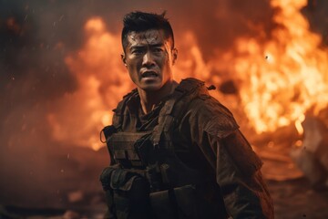 Fototapeta premium Asian Man Soldier Industry Attractive Setting Generative AI