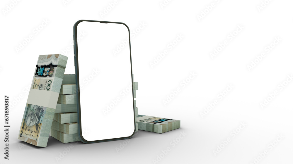 Poster 3d rendering of a mobile phone with blank screen in front of stacks of 2000 jamaican dollar notes is