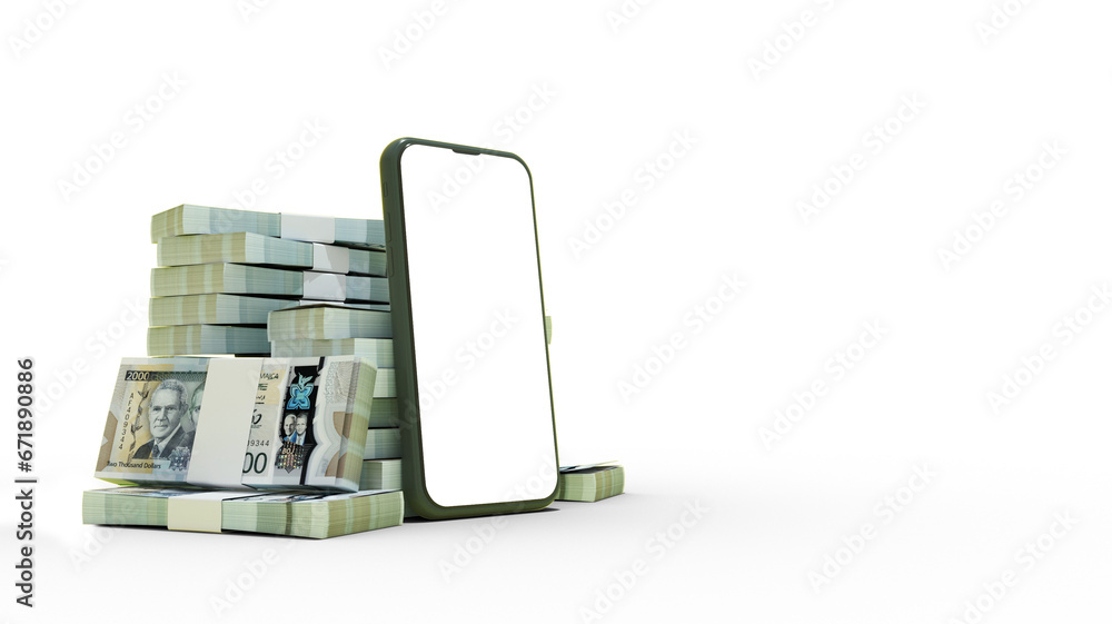 Poster 3d rendering of a mobile phone with blank screen in front of stacks of 2000 jamaican dollar notes is