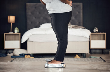 Legs, scale and weightloss with a person the bedroom of their home for health, fitness or body wellness. Diet, measure and progress with a plus size adult weighing to track the results of a workout