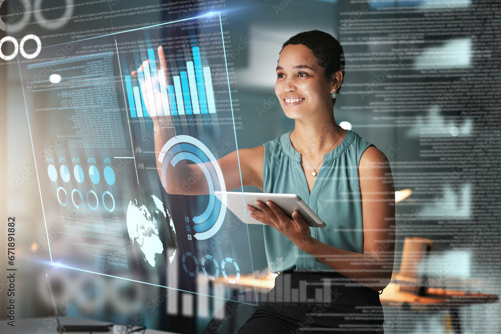 Poster Black woman with tablet, smile and dashboard overlay for erp data innovation, research and programming in future technology. Futuristic analytics, IT management and startup business website software.