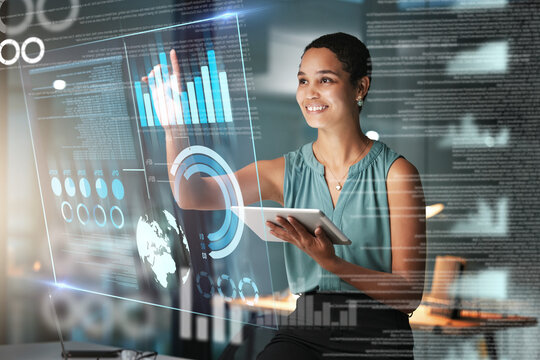 Black woman with tablet, smile and dashboard overlay for erp data innovation, research and programming in future technology. Futuristic analytics, IT management and startup business website software.