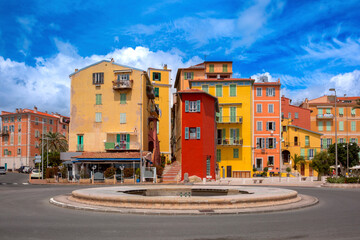 Colorful cosy houses in the Old Town of Menton, French Riviera, France - obrazy, fototapety, plakaty