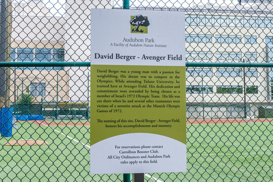Sign Memorializing David Berger, an Olympic Weightlifter Killed by Palestinian Terrorists at the 1972 Munich Olympics on October 31, 2023 in New Orleans, LA, USA