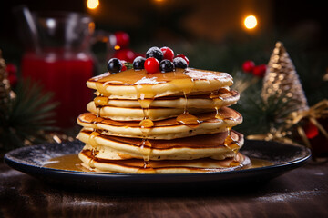Close up pancakes on christmas background, Generative AI - obrazy, fototapety, plakaty