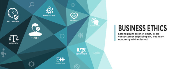 Business Ethics Web Banner and Icon Set with Honesty, Integrity, Commitment, and Decision - obrazy, fototapety, plakaty